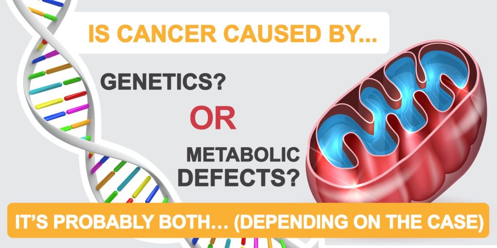 Image of a DNA chain on the left side and a mitochondria on the right side, where you can read the caption: Is Cancer Caused By ... Genetics Or Metabolic Defects? Probably Both ... (Depending on the Case). 