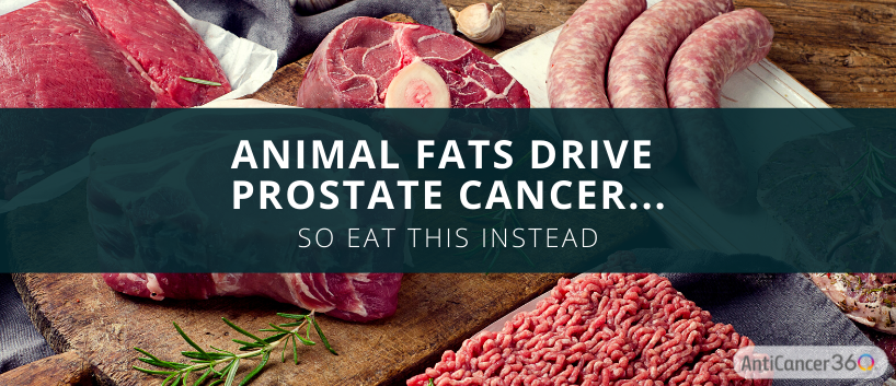 Picture of meat and animal products with caption, animal fats drive prostate cancer, so eat this instead.