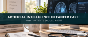 AI in cancer care illustrated by medical textbooks and a computer displaying brain scans.