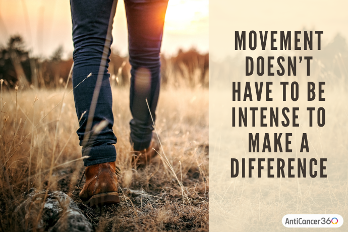 Walking shoes on a quiet path representing gentle movement as a way to support cancer-related fatigue.