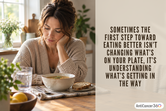 Woman sitting at a table with a bowl of food, looking down thoughtfully, alongside text about how eating better can start with changing what’s on your plate.