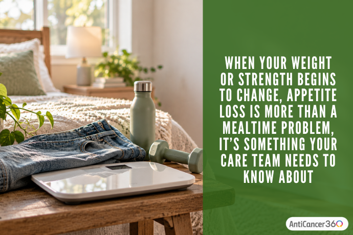Scale, loose-fitting jeans, water bottle, and hand weights beside a bed, emphasizing that changes in weight or strength with appetite loss should be discussed with the care team.