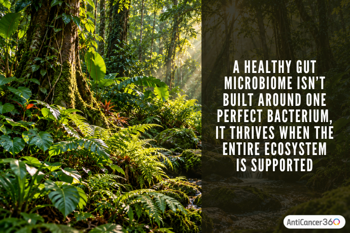 Lush, sunlit rainforest filled with diverse tropical plants and trees, alongside a quote comparing a healthy gut microbiome to a thriving ecosystem where the entire microbial community is supported.
