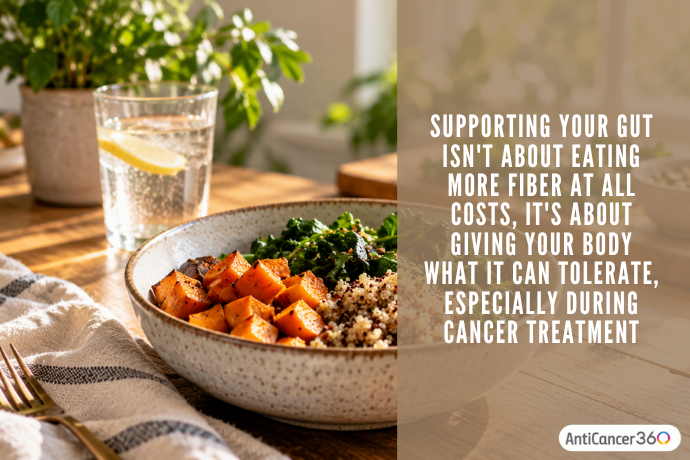 A colorful bowl of roasted sweet potatoes, quinoa, and leafy greens beside lemon water, with a quote emphasizing the importance of eating foods the body can tolerate during cancer treatment.