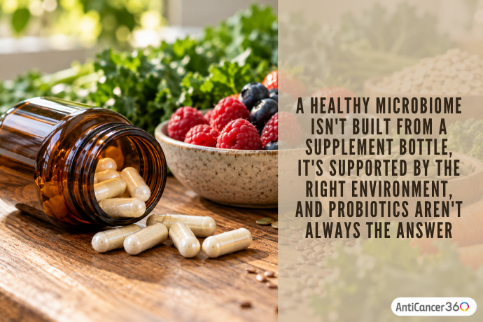An amber probiotic supplement bottle with capsules beside fresh berries, leafy greens and seeds, illustrating that gut microbiome health involves more than probiotic supplements.