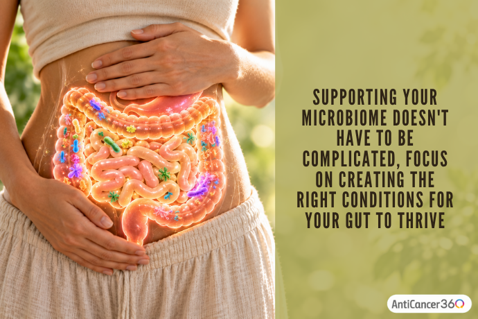 Illustration of a woman's abdomen showing the intestines and colorful gut bacteria, alongside a quote about creating the right conditions for a healthy gut microbiome to thrive.