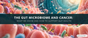 Microscopic illustration of the intestinal lining surrounded by colorful gut bacteria, with the title “The Gut Microbiome and Cancer: What We Know and How to Support Gut Health.
