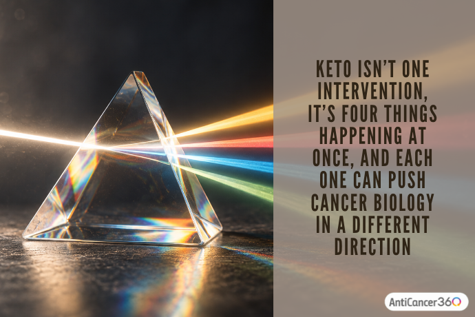 A glass prism refracts a beam of light into a rainbow of colors, illustrating how the ketogenic diet may influence cancer biology through multiple pathways rather than a single mechanism.