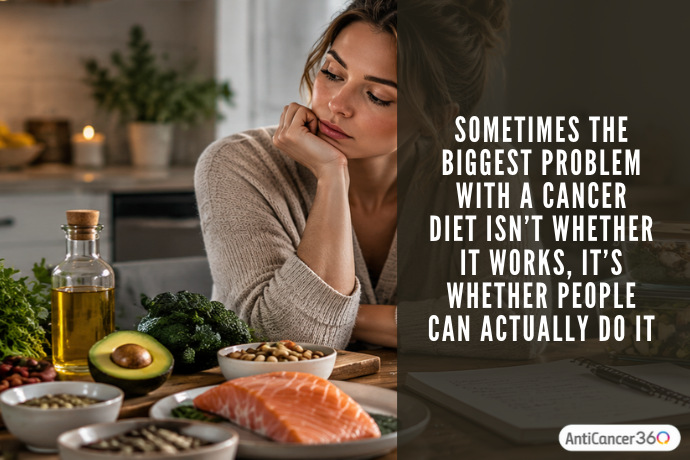A woman sits thoughtfully at a kitchen counter with salmon, avocado, olive oil, and other ketogenic foods. Text highlights the challenges of maintaining a ketogenic diet during cancer care, emphasizing that long-term adherence can be as important as the diet itself.