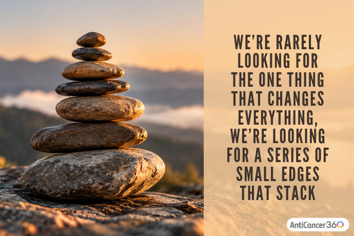 A stack of balanced stones beside a peaceful lake at sunset symbolizes the cumulative impact of small changes. Text emphasizes how small, consistent efforts can contribute to meaningful progress over time.
