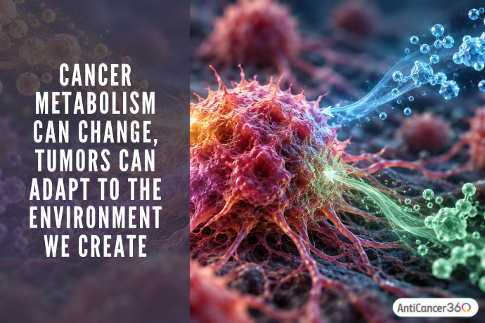 A colorful microscopic illustration of a cancer cell surrounded by molecular structures and biological activity. Text reads, “Cancer metabolism can change, tumors can adapt to the environment we create,” highlighting the complexity of cancer metabolism and tumor adaptation.