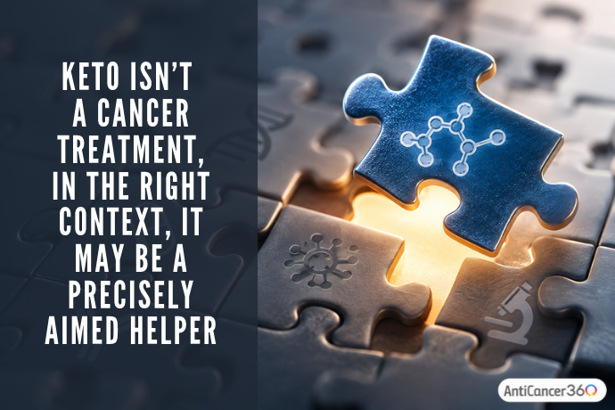 A blue puzzle piece featuring a molecular structure fits into a larger scientific puzzle, symbolizing the potential role of the ketogenic diet as a complementary approach in cancer care. Text emphasizes that keto is not a cancer treatment but may have a targeted supportive role in certain contexts.