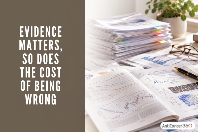 A stack of scientific research papers and medical reports sits on a desk alongside charts, glasses, and a pen. Text reads, “Evidence matters, so does the cost of being wrong,” emphasizing the importance of evaluating scientific evidence and potential risks when considering ketogenic diets in cancer care.