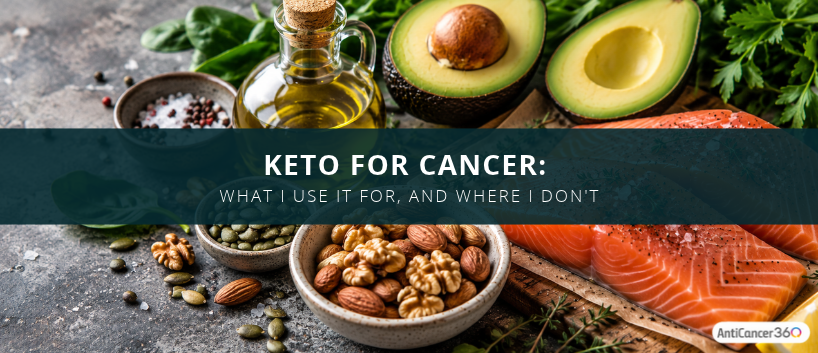 A colorful assortment of ketogenic foods, including avocado, salmon, nuts, leafy greens, and healthy fats, surrounding a banner titled “Keto for Cancer.”