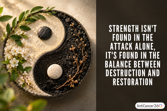 A yin-yang symbol made of contrasting white and black stones, decorated with green leaves and delicate flowers. A dark brown panel reads, “Strength isn't found in the attack alone, it's found in the balance between destruction and restoration,” in bold white lettering.