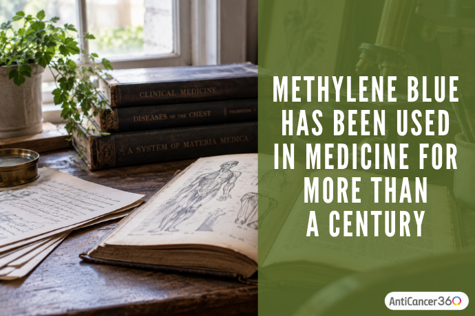 Methylene blue has been used in medicine for more than a century, shown with vintage medical books and research materials
