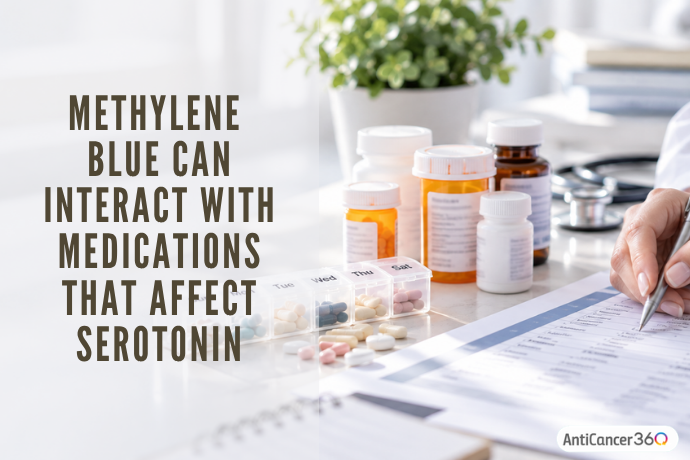 Methylene blue can interact with medications that affect serotonin, shown with prescription bottles and a medication review