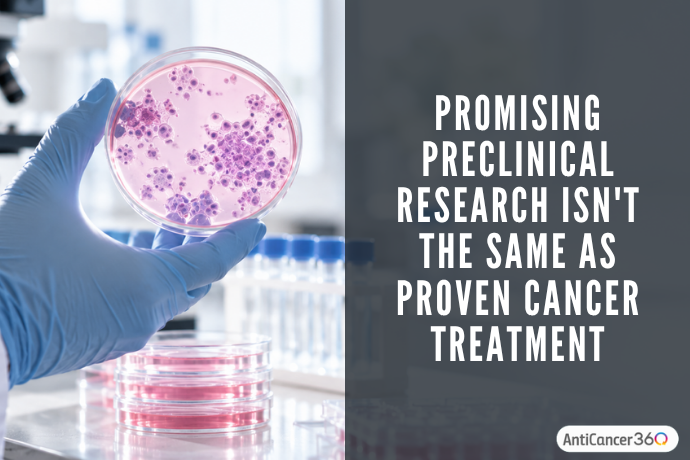 Promising preclinical research isn't the same as proven cancer treatment, shown with cancer cells in a laboratory petri dish