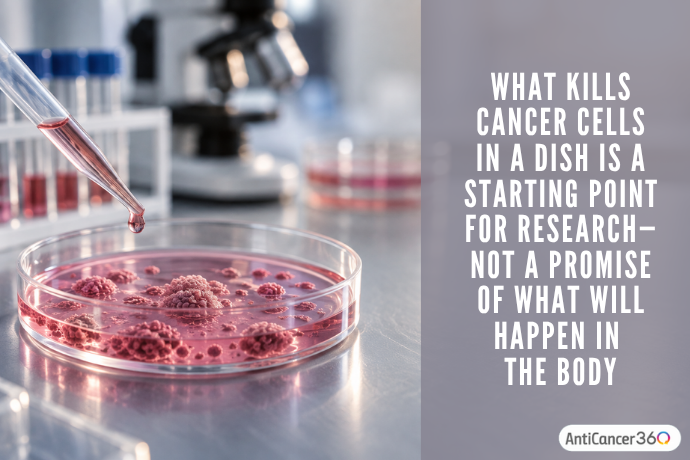A pipette adding a drop to cancer cells in a petri dish, illustrating that promising laboratory results are a starting point for research, not proof of what will happen in the human body.