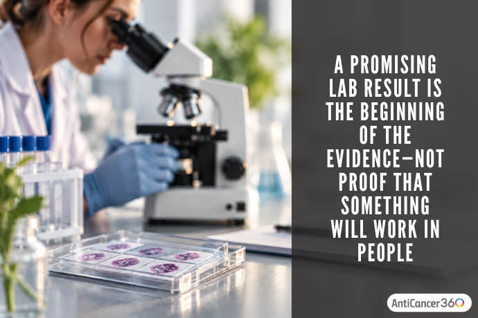 Researcher examining cancer cells under a microscope, illustrating that promising laboratory findings are the beginning of the evidence—not proof that a treatment will work in people.
