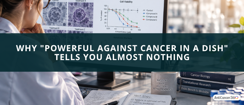 Researcher reviewing cancer cell study results on a computer, illustrating why promising laboratory findings do not necessarily translate into effective cancer treatments in people.