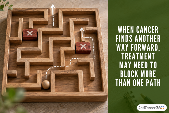 Wooden maze with blocked paths and red X markers, illustrating how cancer may develop alternative pathways when one treatment strategy is blocked.