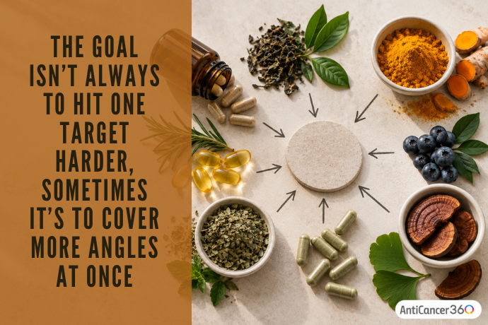 An assortment of herbs, spices, and supplements arranged around a clock, illustrating the importance of considering multiple approaches to individualized cancer care.