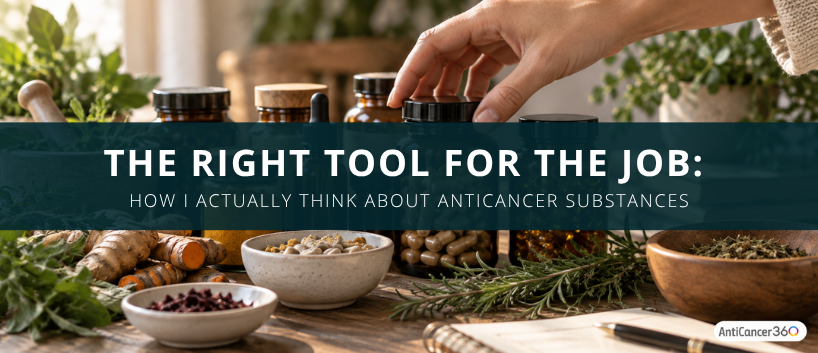 A hand selecting supplements and natural ingredients, illustrating why anticancer supplements should be chosen for each person's individual needs.