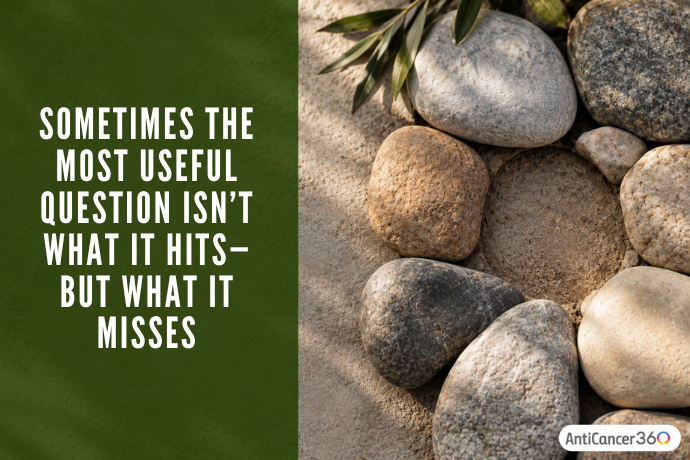“Smooth stones arranged around an empty space, representing gaps in the potential anticancer mechanisms of soursop.