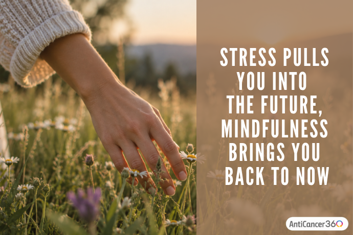Stress pulls attention into the future while mindfulness brings attention back to the present, shown beside a hand brushing through wildflowers.