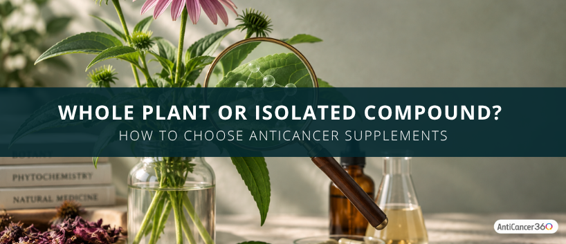 Whole plant vs isolated compound, illustrated by a flowering plant under a magnifying glass alongside botanical extracts.
